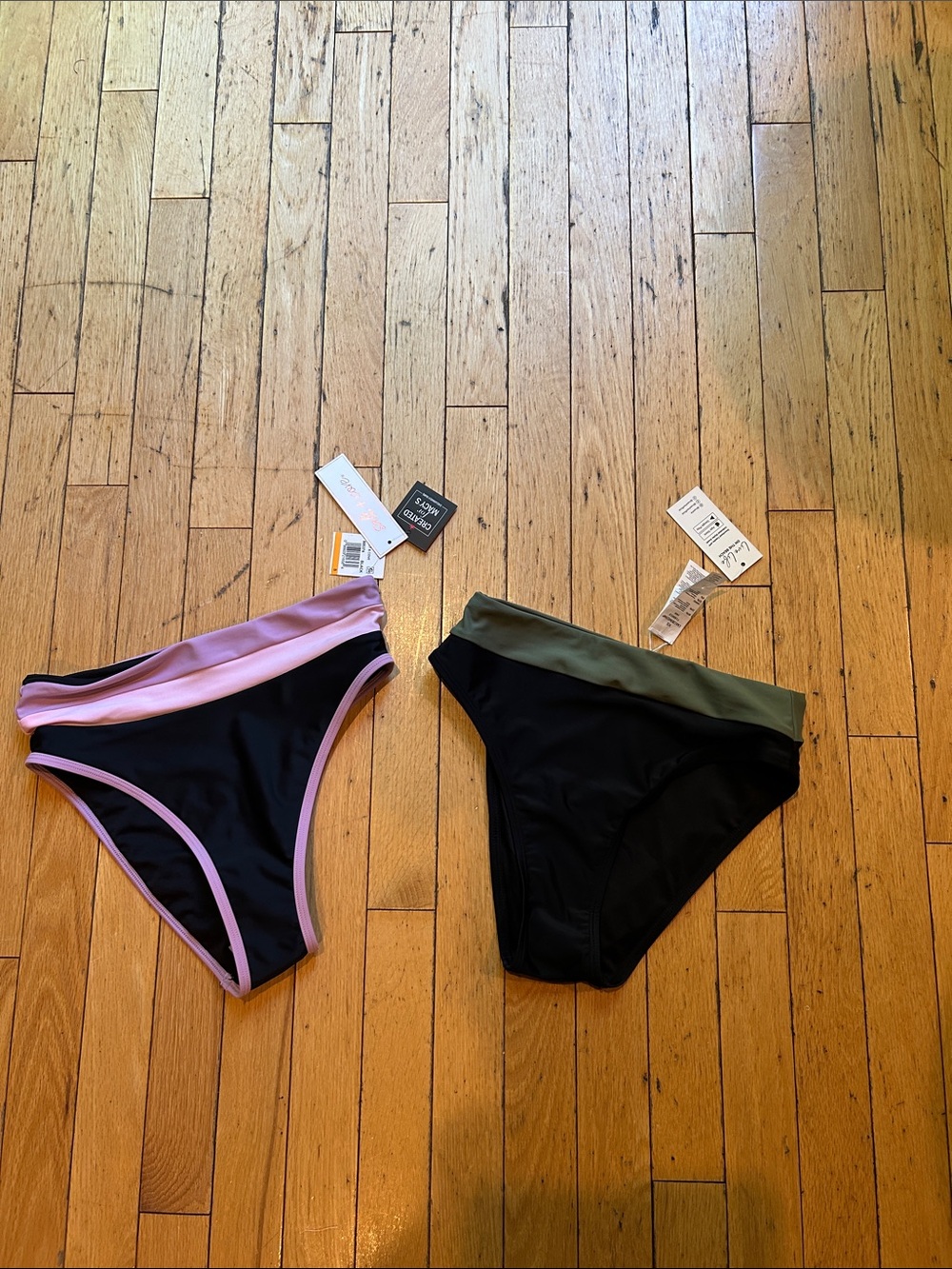 Women’s Black Bikini Bottom with Pink Trim and Women’s Black Bikini with Green